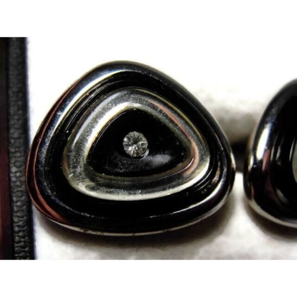 Signed Shields Triangle Black Silver Tone Cufflinks Tux Shirt Dress Suit Vintage - Picture 5 of 10